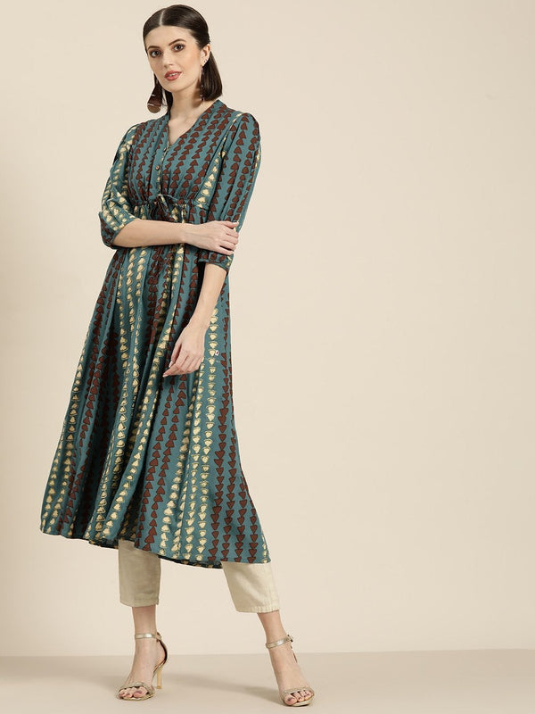 Women's Teal Geo Print Drawstring Kurta - SHAE