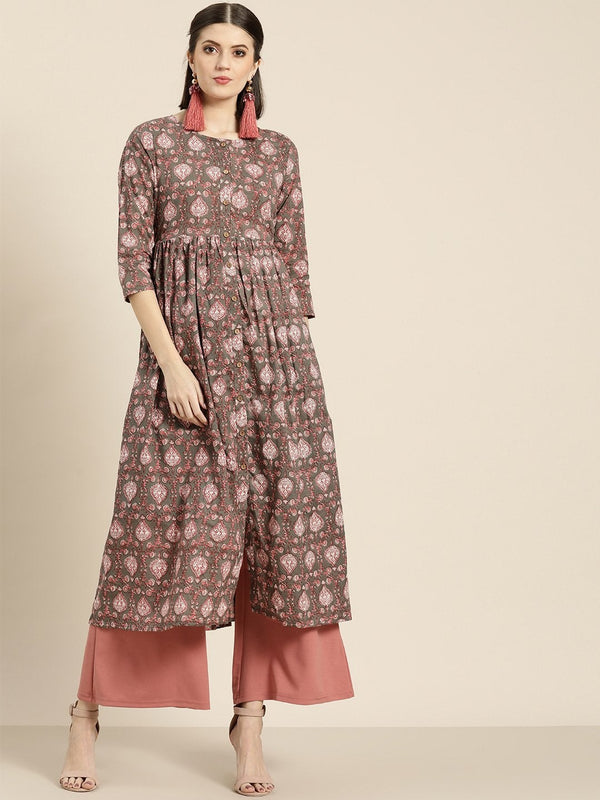 Women's Grey Print Gathered Front Button Kurta - SHAE