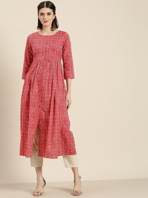 Women's Pink Printed Gathered Front Button Kurta - SHAE