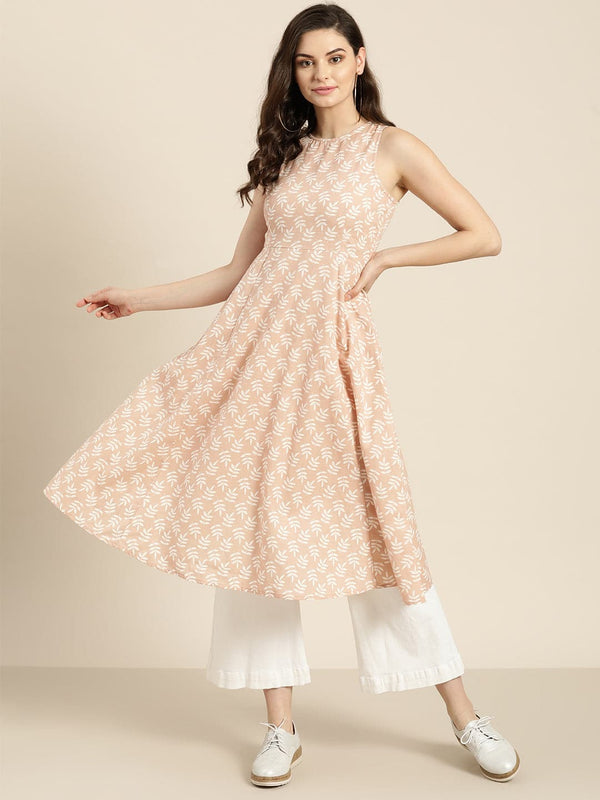 Women's Peach Printed  Sleeveless Kurta - Lyush