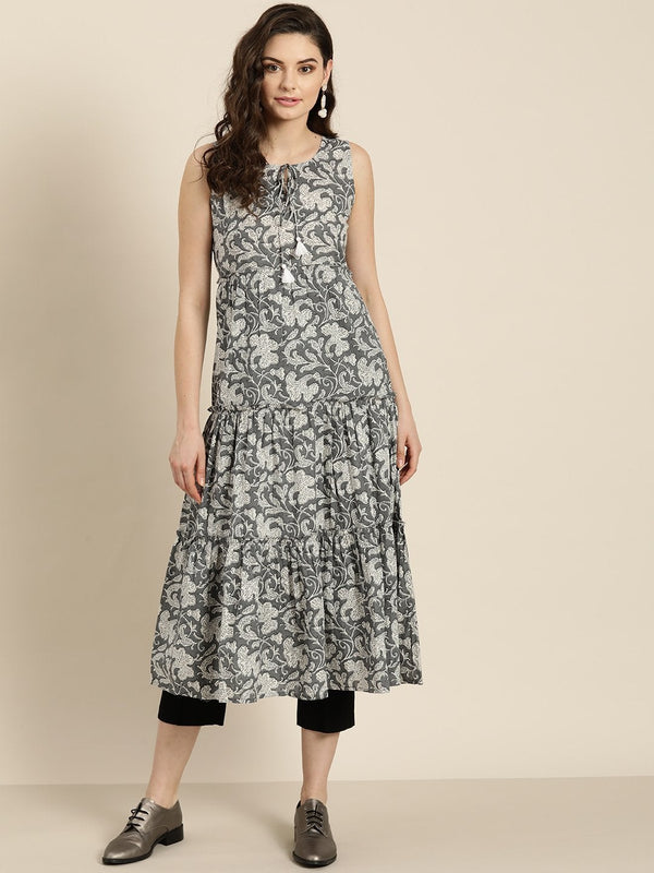 Women's Grey Floral Sleeveless Tiered Kurta - SHAE