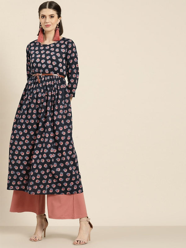 Women's Navy Floral Gathered Kurta - SHAE