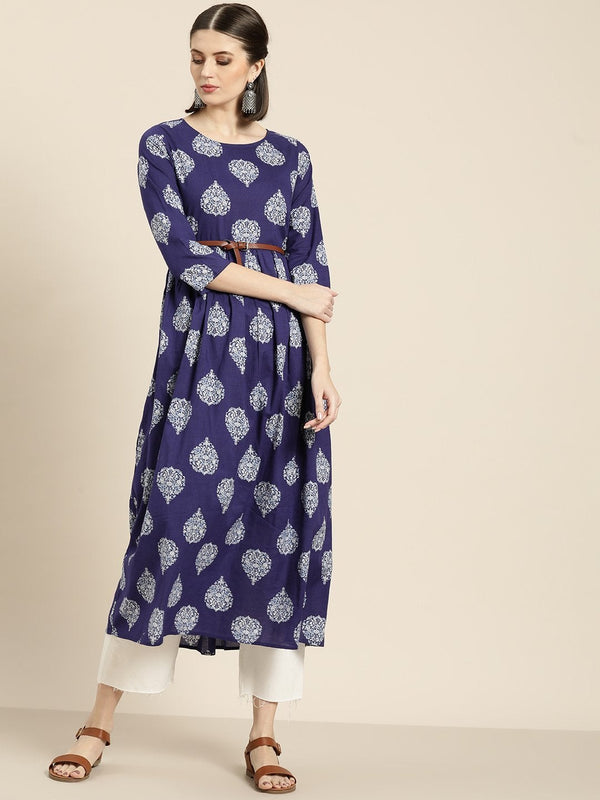 Women's Blue Floral Booti Gathered Kurta - SHAE