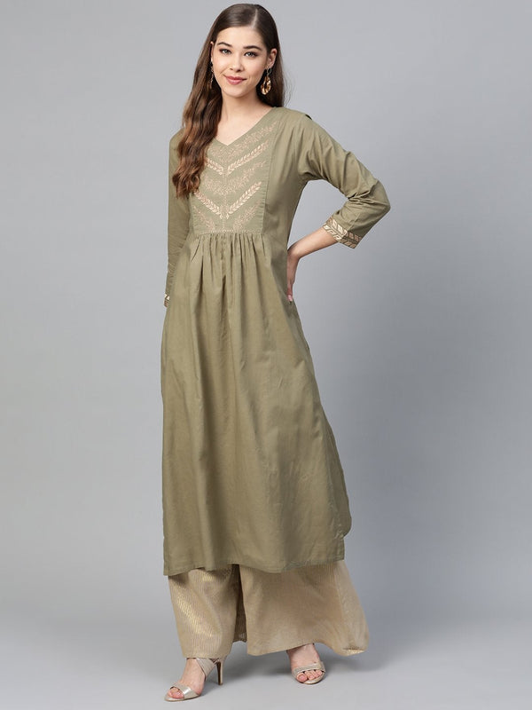 Women's Olive Square Yoke Zari Embroidery Kurta - SHAE