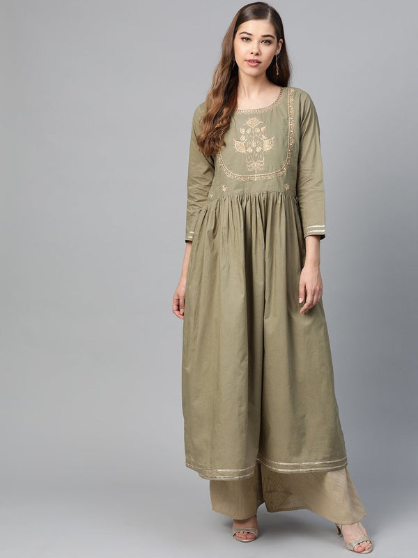 Women's Olive Zari Embroidery Gathered Kurta - SHAE