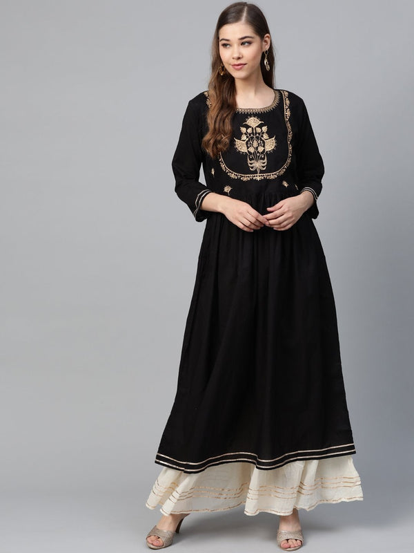 Women's Black Zari Embroidery Gathered Kurta - SHAE