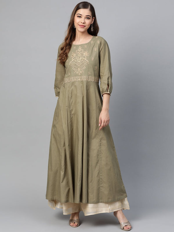 Women's Olive Zari Embroidery Anarkali Kurta - SHAE