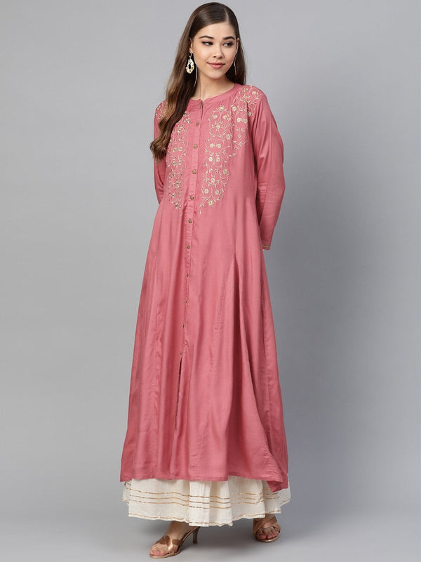 Women's Pink Zari Embroidery Front Open A-Line Kurta - SHAE