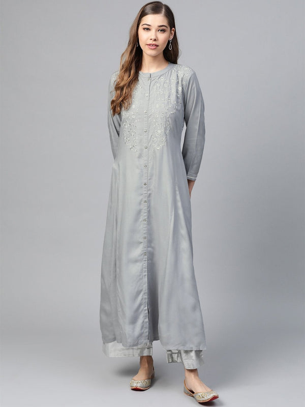 Women's Grey Zari Embroidery Front Open A-Line Kurta - SHAE