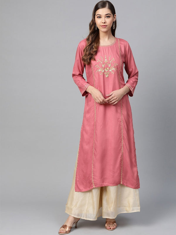 Women's Pink Front Panel Zari Embroidery Kurta - SHAE