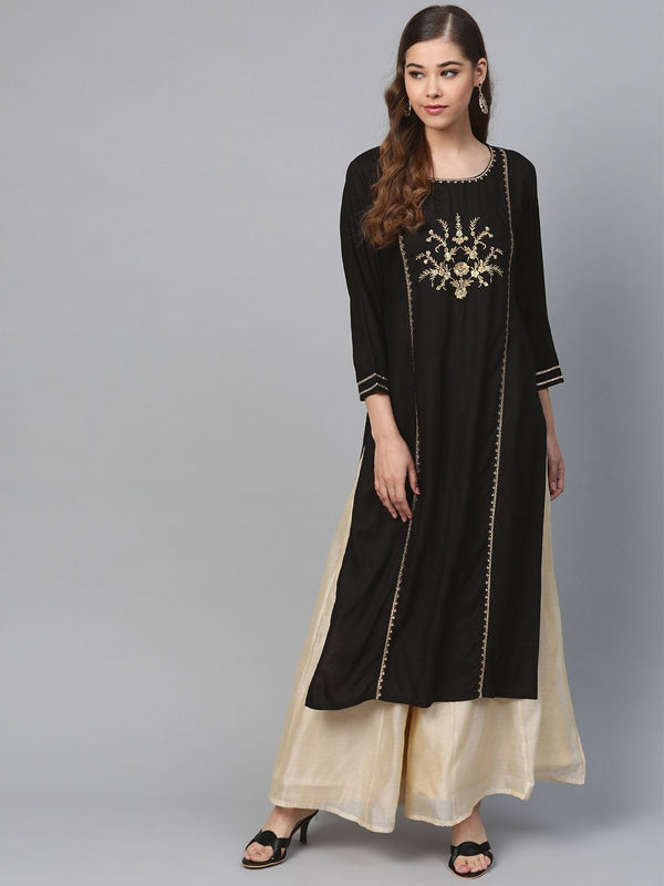 Women's Black Front Panel Zari Embroidery Kurta - SHAE