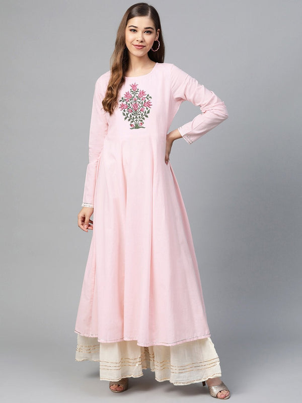 Women's Pink Block Print Full Sleeve Anarkali - SHAE