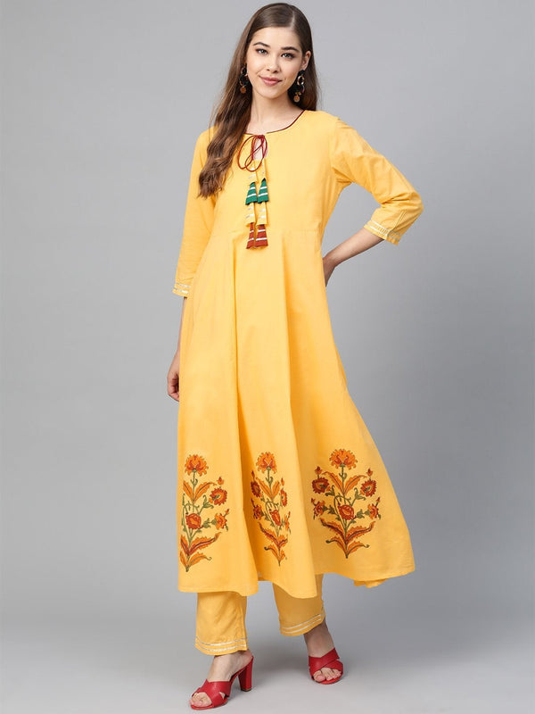 Women's Yellow Border Block Print Anarkali - SHAE