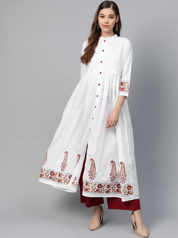 Women's White Border Block Print Front Button Kurta - SHAE