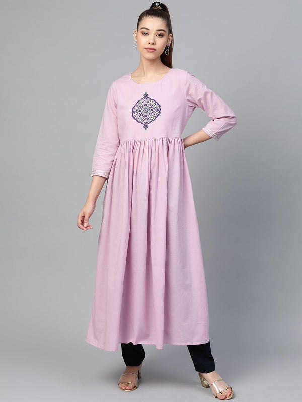 Women's Purple Block Print Gathered Kurta - SHAE