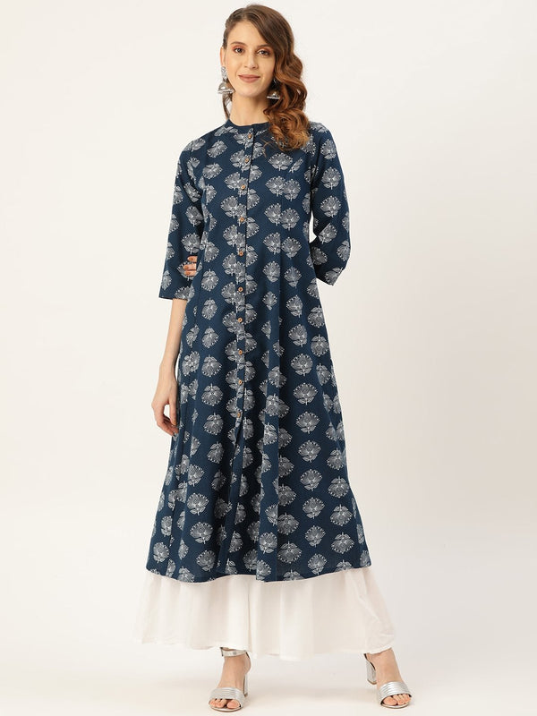 Women's Navy Lotus Print Front Open A-Line Kurta - SHAE