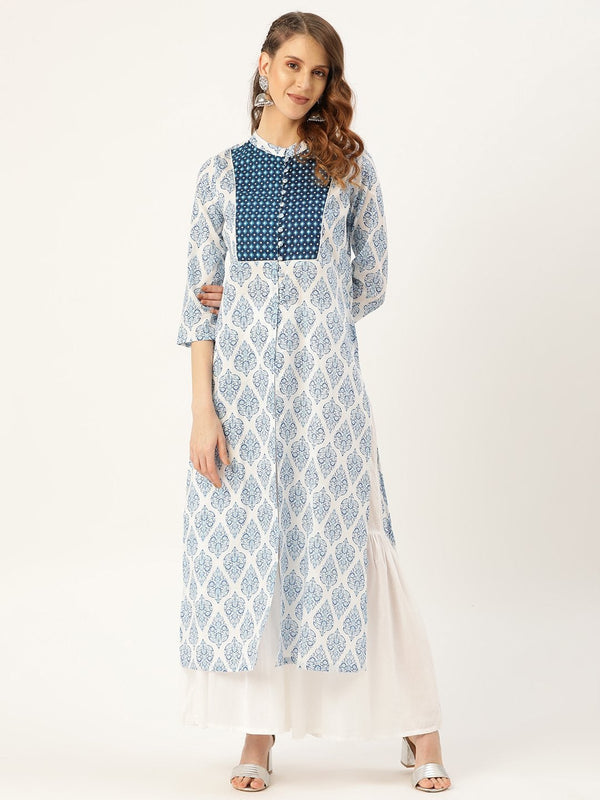 Women's Blue Motif Floral Straight Yoke Kurta - SHAE