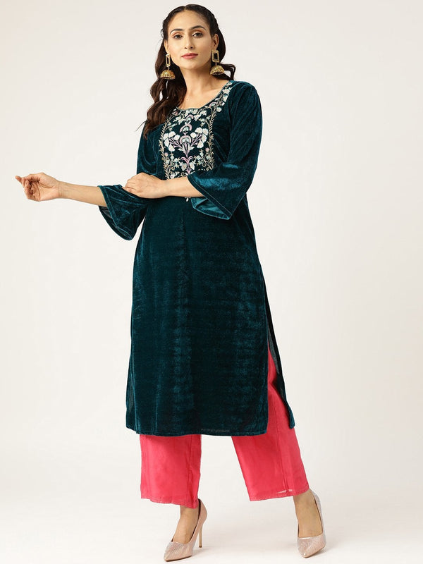 Women's Green Zari Floral Embroidery Velvet Kurta - SHAE