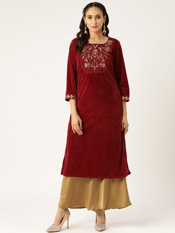 Women's Maroon Embroidered Straight Velvet Kurta - SHAE