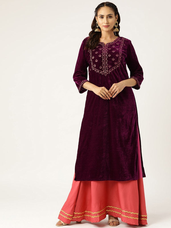 Women's Purple Zari Embroidery V-Slit Straight Velvet Kurta - SHAE