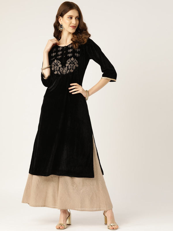 Women's Black Zari Embroidered Velvet Kurta - SHAE