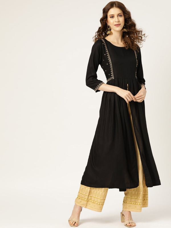 Women's Black Zari Embroidery Front Slit Kurta - SHAE