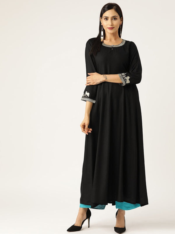 Women's Black Zari Nandi Embroidery Anarkali Kurta - SHAE