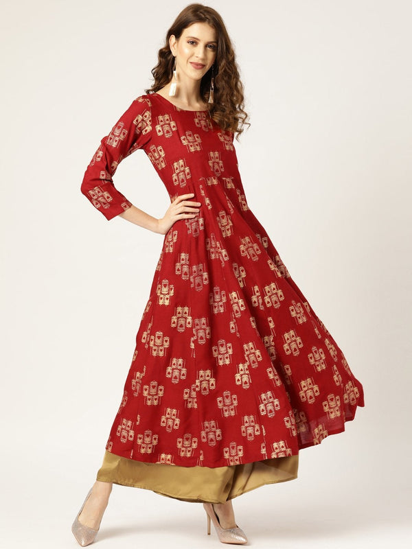 Women's Maroon Cage Print Anarkali Kurta - SHAE