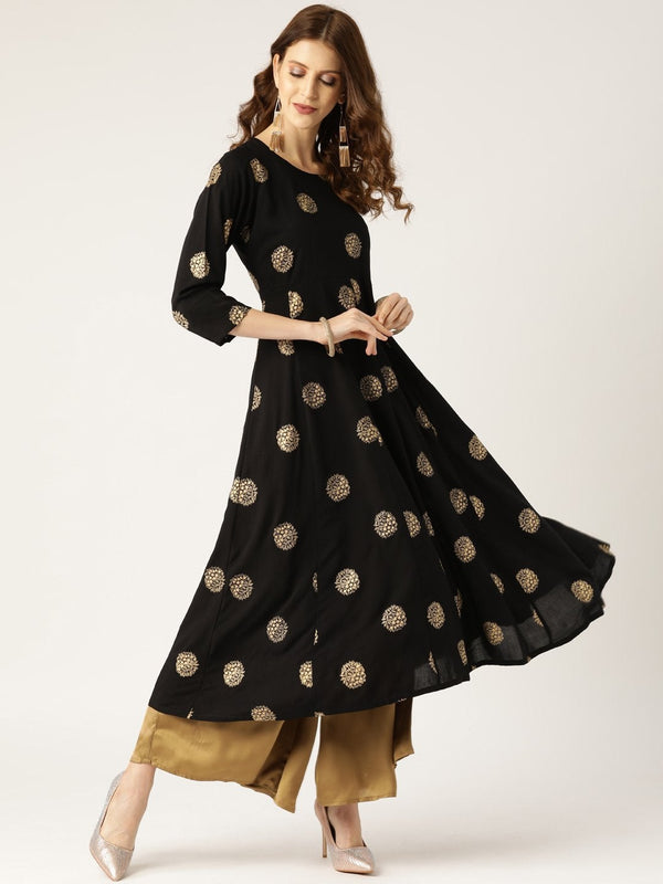 Women's Black Foil Print Anarkali Kurta - SHAE