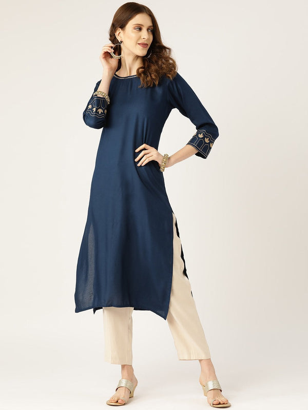 Women's Navy Zari Embroidered Cuff Sleeve Kurta - SHAE