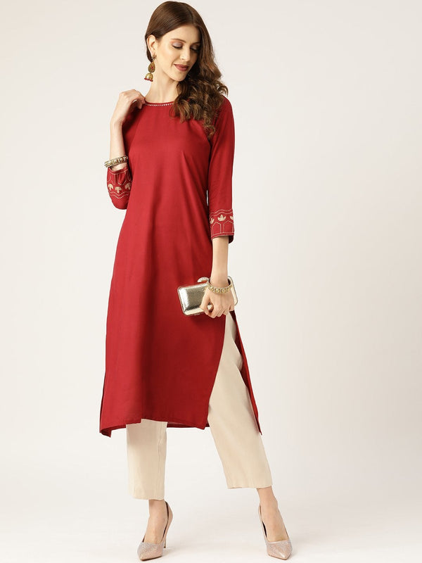 Women's Maroon Zari Embroidered Cuff Sleeve Kurta - SHAE