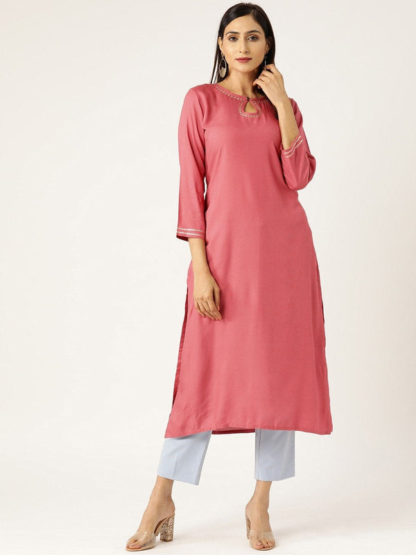 Women's Pink Front Keyhole Zari Embroidery Kurta - SHAE