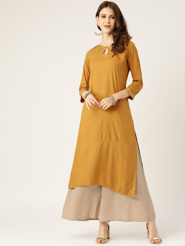 Women's Mustard Front Keyhole Zari Embroidery Kurta - SHAE