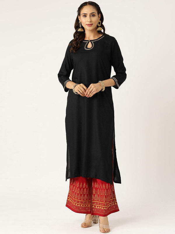 Women's Black Front Keyhole Zari Embroidery Kurta - SHAE