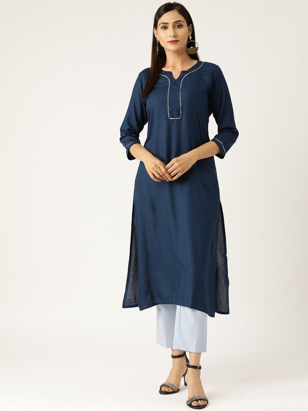 Women's Navy Lace Detail Straight Kurta - SHAE