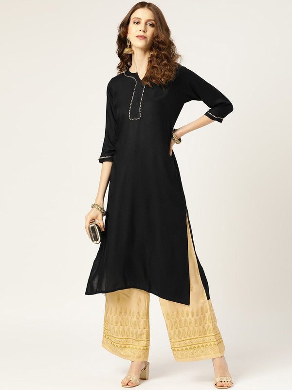 Women's Black Lace Detail Straight Kurta - SHAE