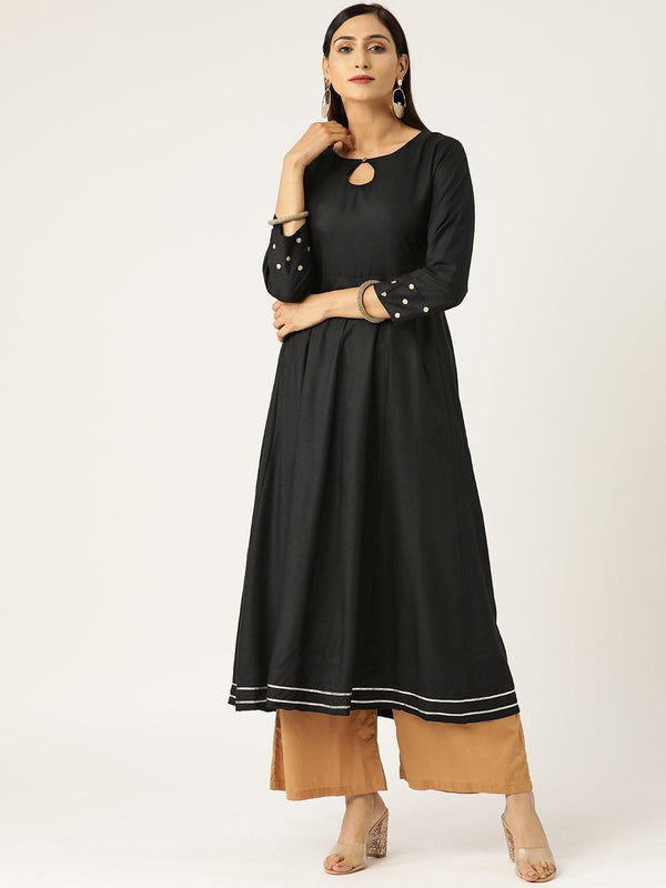 Women's Black Foil Print Cuff Sleeve Anarkali Kurta - SHAE