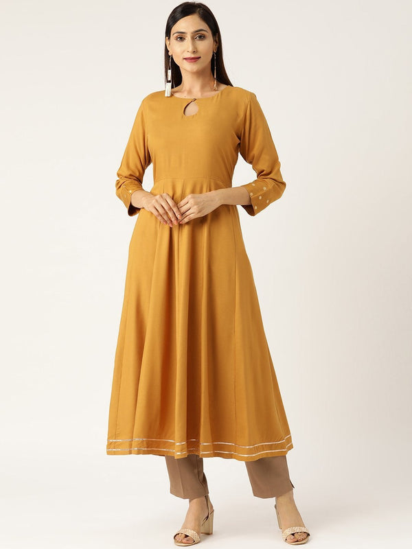 Women's Mustard Foil Print Cuff Sleeve Anarkali Kurta - SHAE