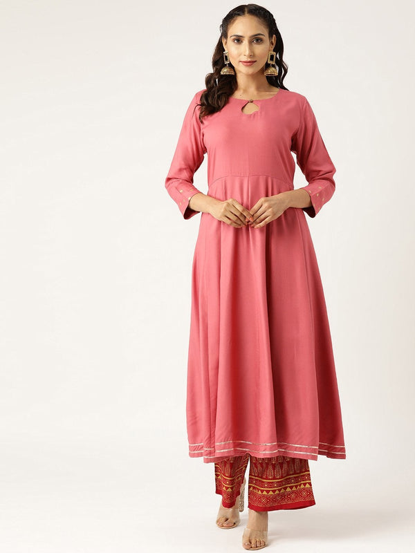 Women's Pink Foil Print Cuff Sleeve Anarkali Kurta - SHAE