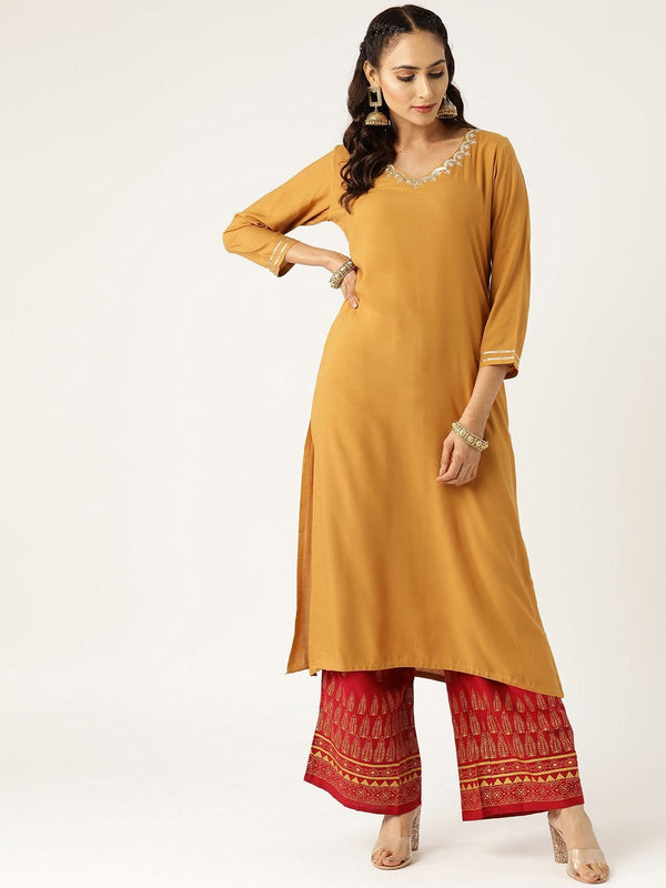 Women's Mustard V Neck Embroidery Straight Kurta - SHAE