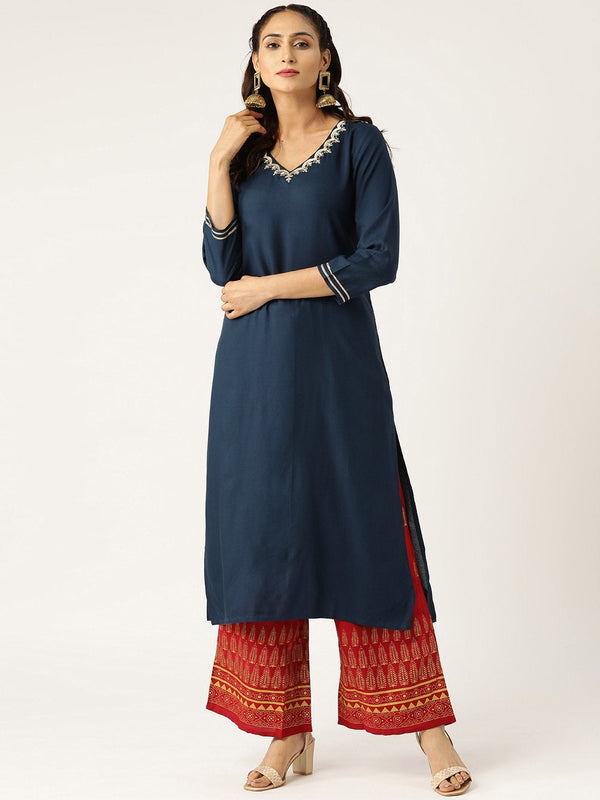 Women's Navy V Neck Embroidery Straight Kurta - SHAE