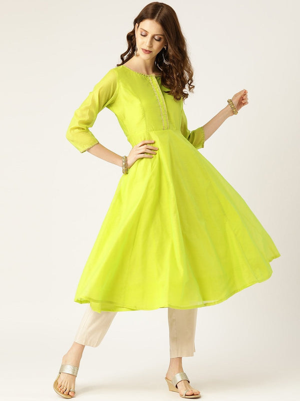 Women's Lime Green Chanderi Lace Anarkali Kurta - SHAE