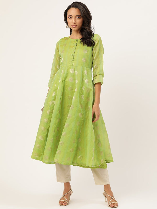 Women's Green Chanderi Jacquard Anarkali Kurta - SHAE