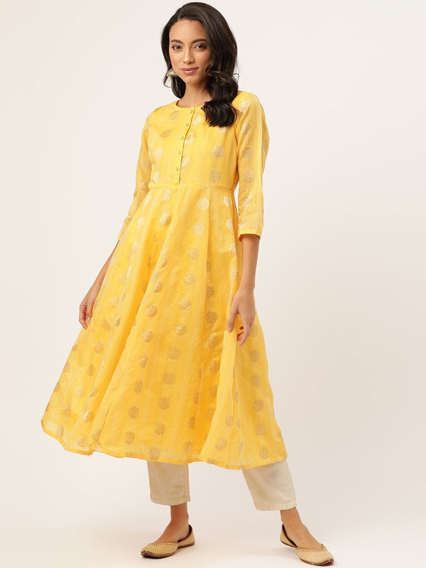 Women's Yellow Chanderi Jacquard Anarkali Kurta - SHAE