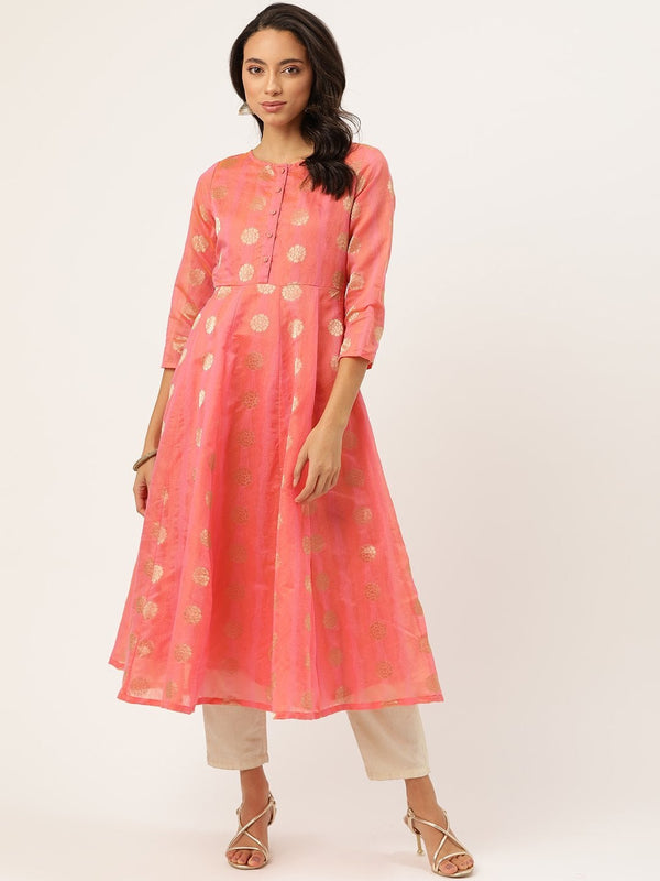 Women's Pink Chanderi Jacquard Anarkali Kurta - SHAE