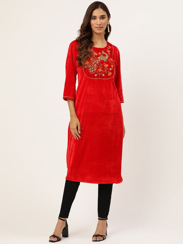 Women's Red Peacock Zari Embroidered Kurta - SHAE