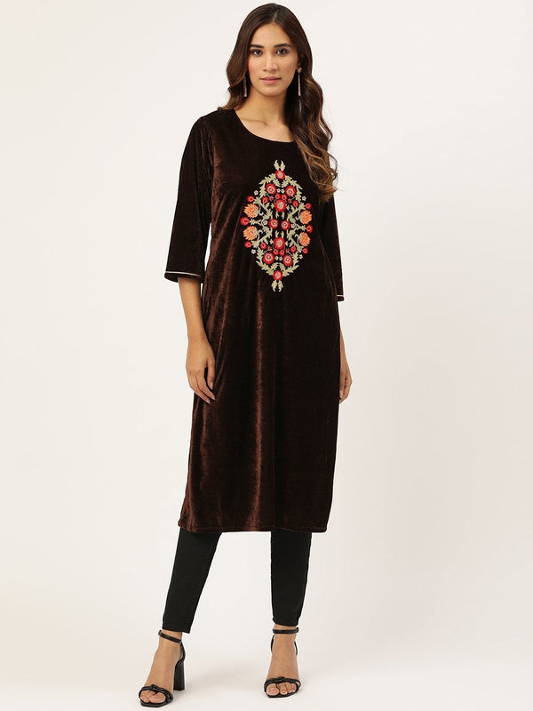 Women's Brown Centre Motif Zari Embroidered Kurta - SHAE