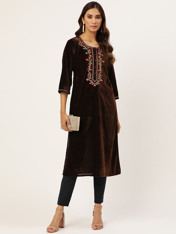 Women's Brown Zari Embroidered Placket Kurta - SHAE