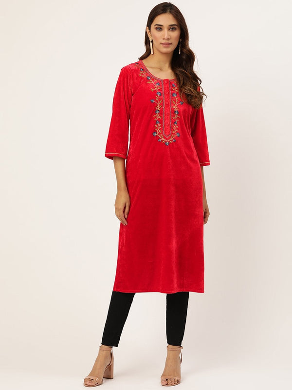 Women's Red Zari Embroidered Placket Kurta - SHAE