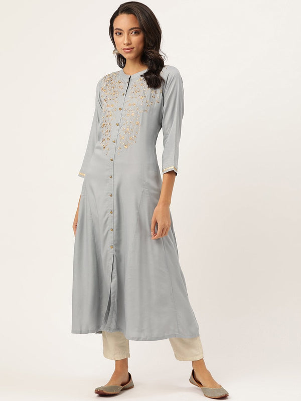 Women's Grey Golden Zari Embroidery A-Line Kurta - SHAE